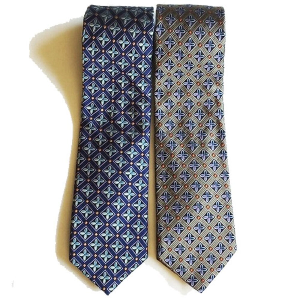 Set of 2 Jos A Bank "Signature Gold" Textured Silk Ties 59" X Cross Olive Navy